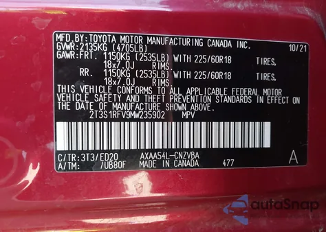 2021 Toyota Rav4 Trd Off-Road из США, поврежденный, VIN 2T3S1RFV9MW235902